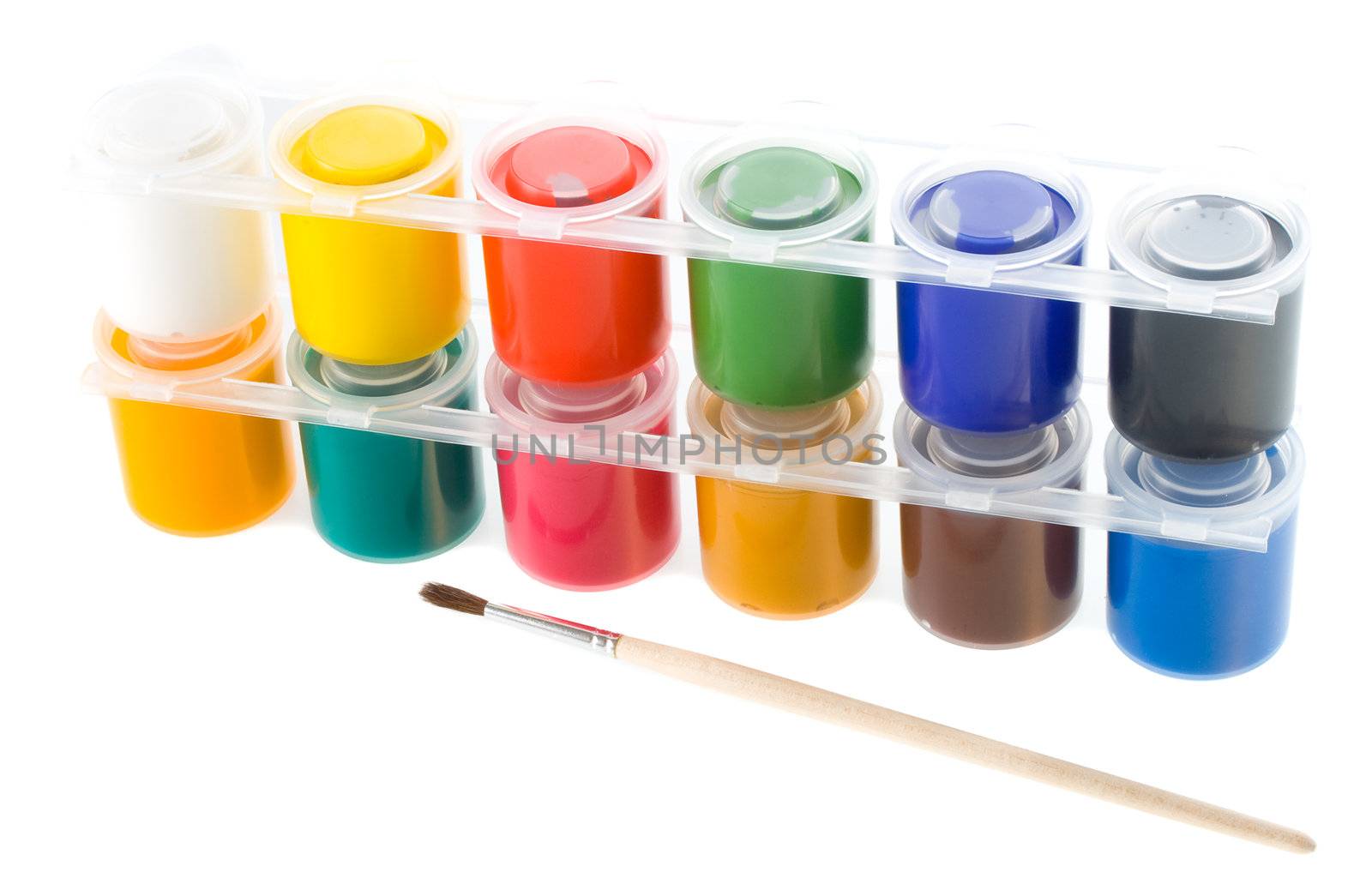 multicolored set of gouache painting with brush, isolated on white