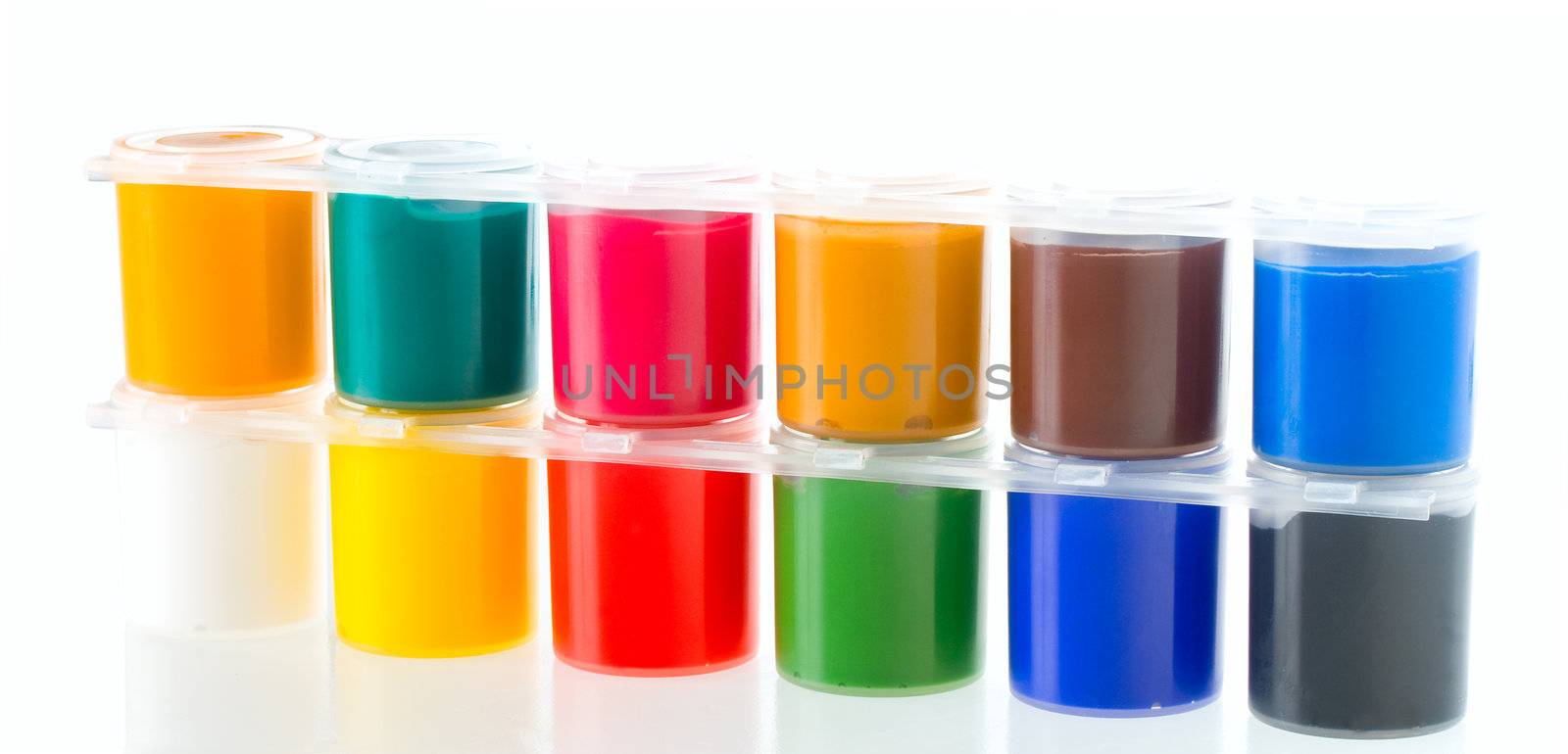 multicolored set of gouache painting, isolated on white
