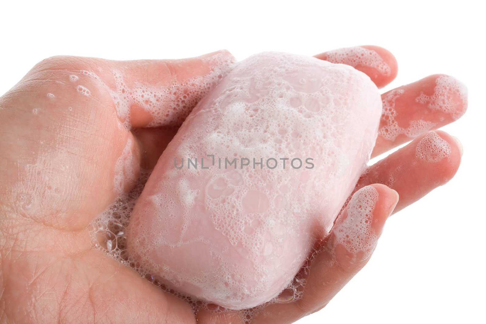 toilet soap with foam in woman's hand