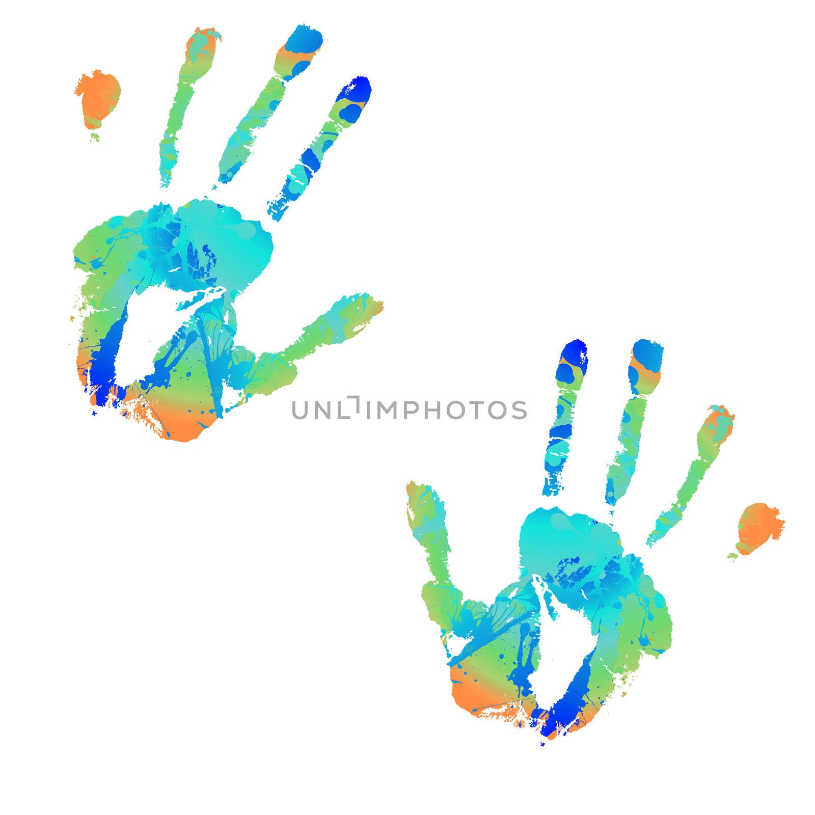 brightly coloured hand print with ink splats illustrations