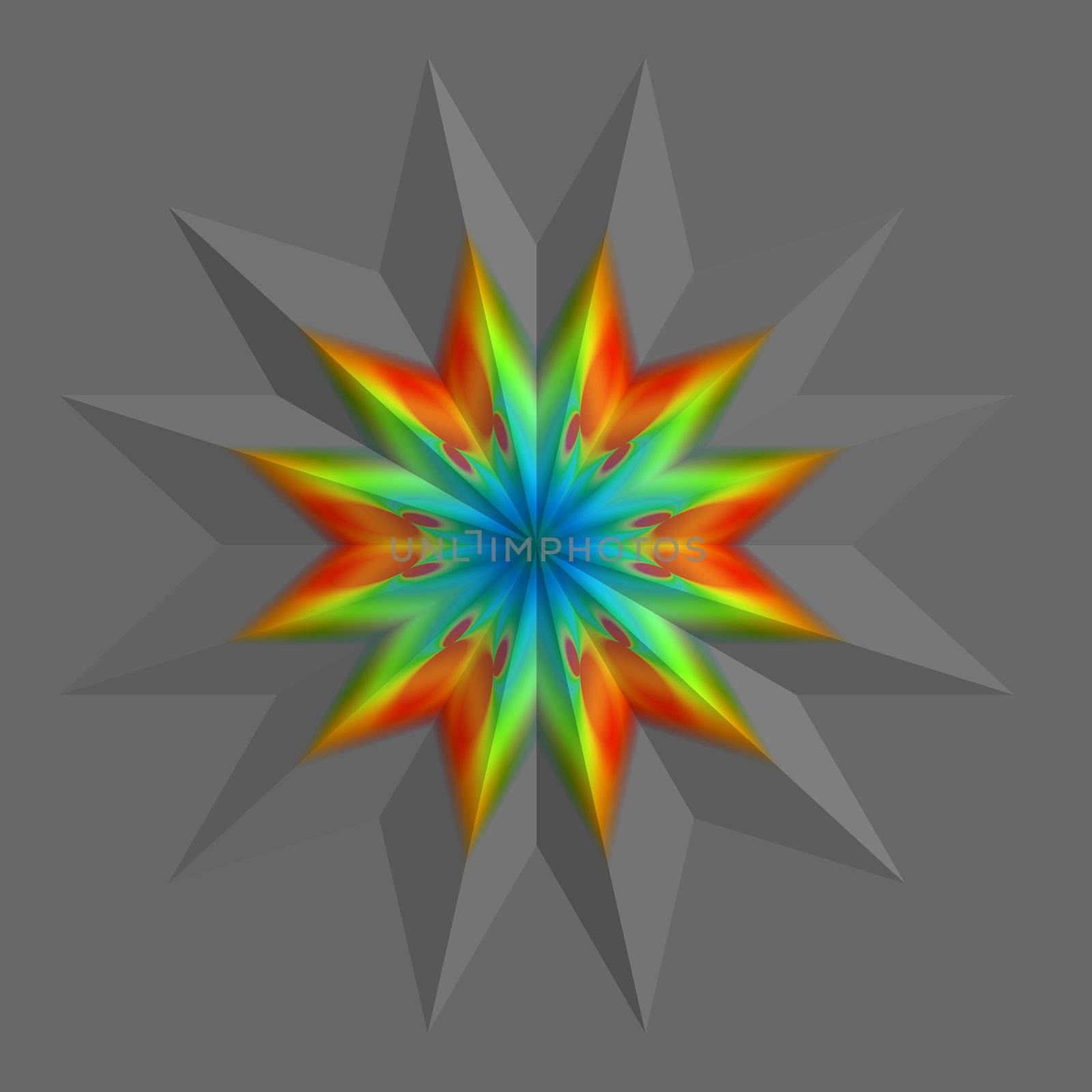 An abstract rainbow colored star on a gray background.