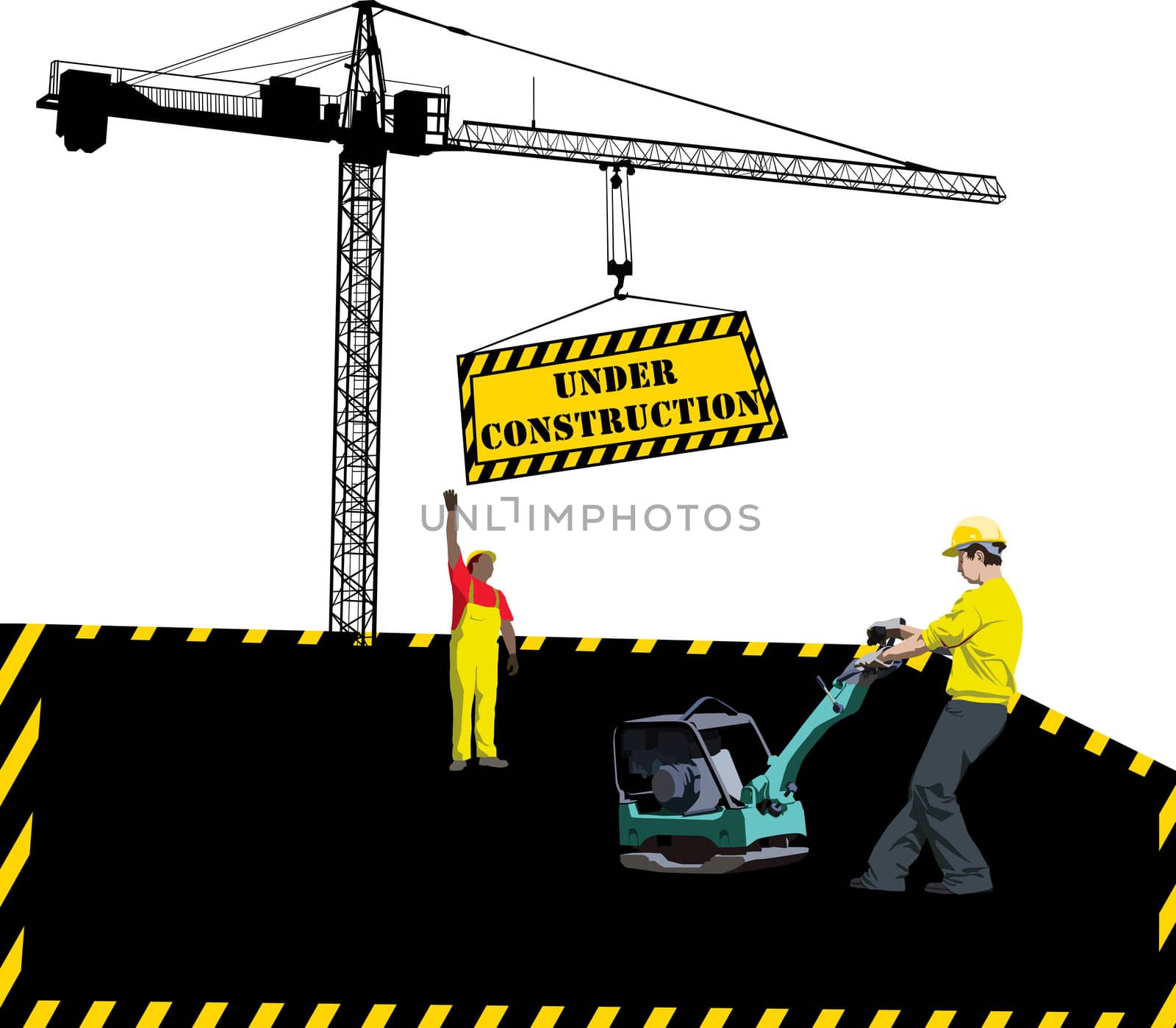 Site under construction with workers and hoisting crane
