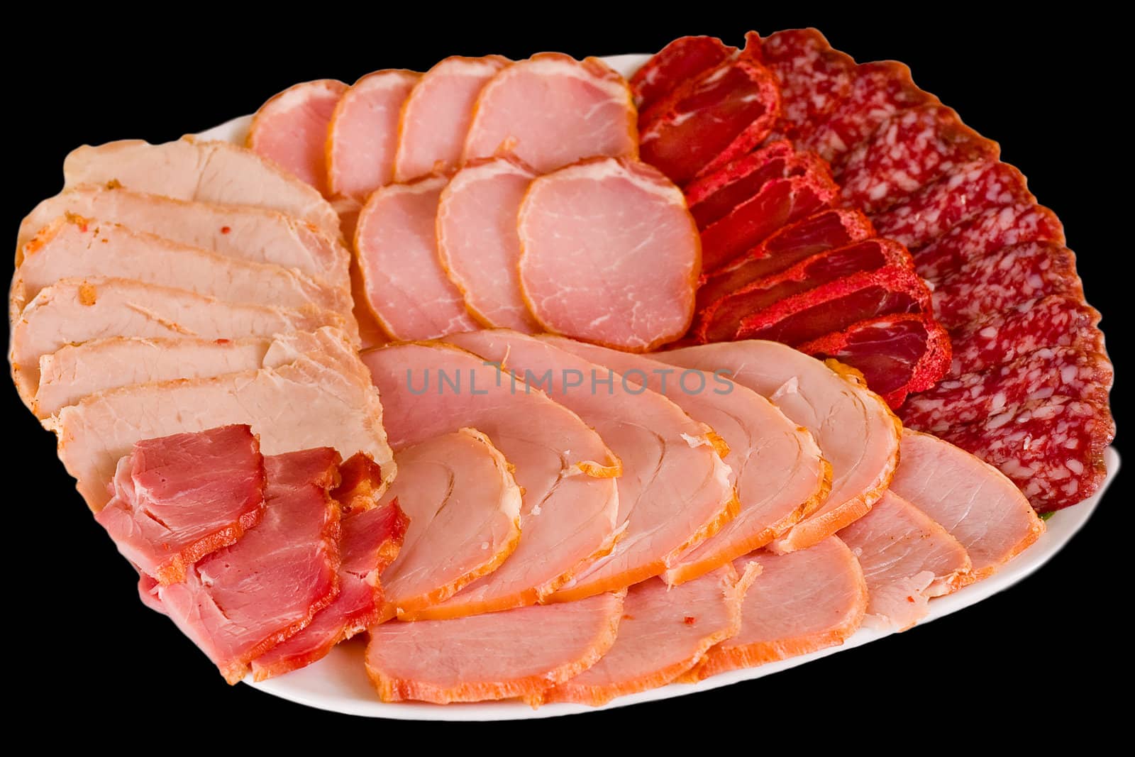 Plate with sausage and ham isolated on black