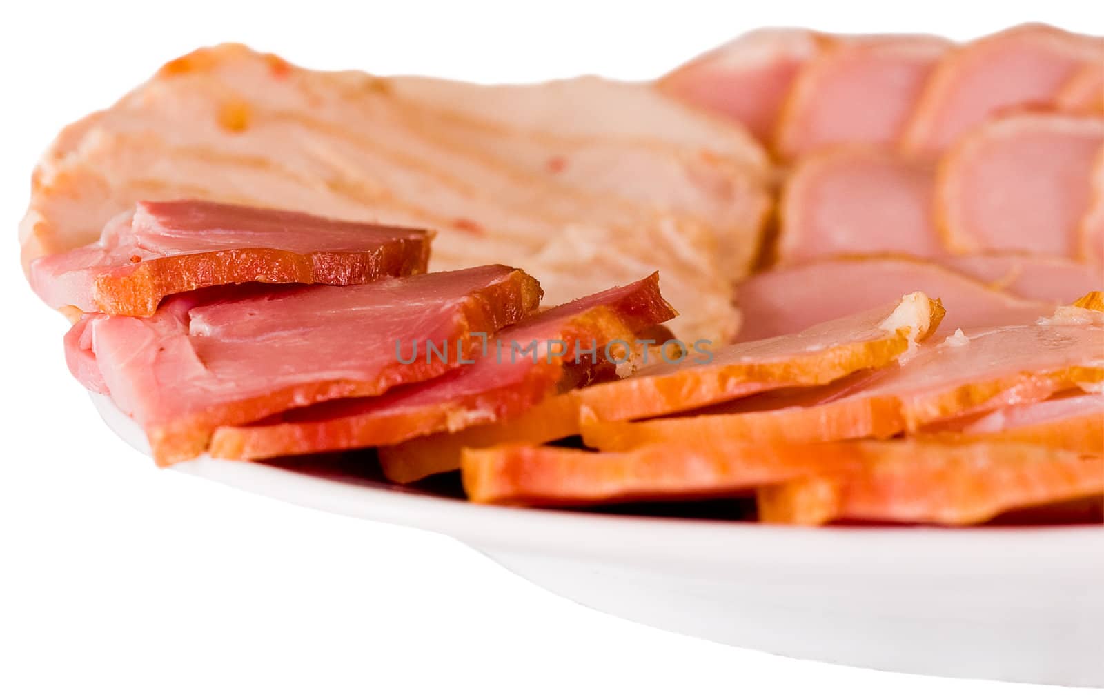 Plate with sausage and ham isolated on white