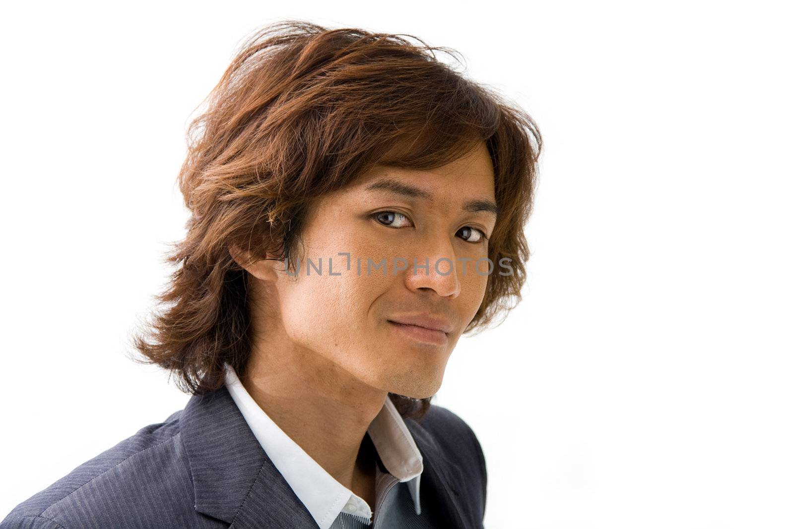 Handsome Asian guy's face with a smile, isolated