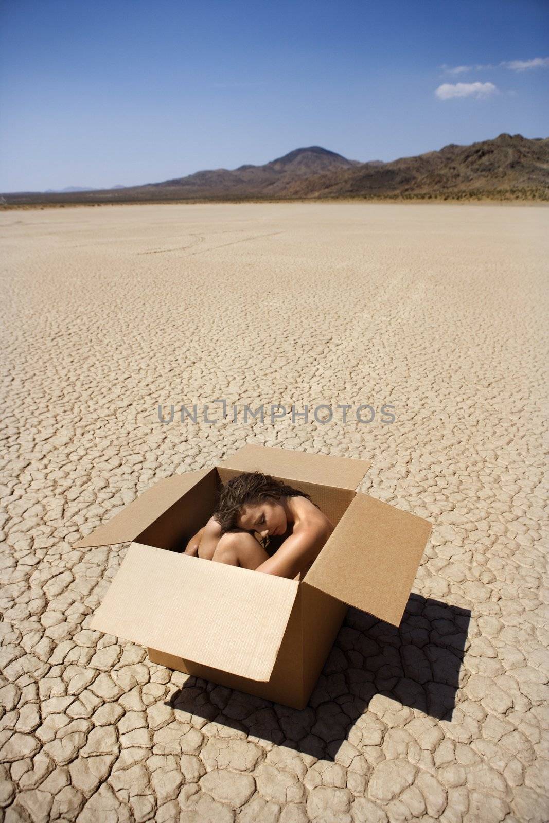 Pretty nude young woman sitting in box in cracked desert landscape in California.