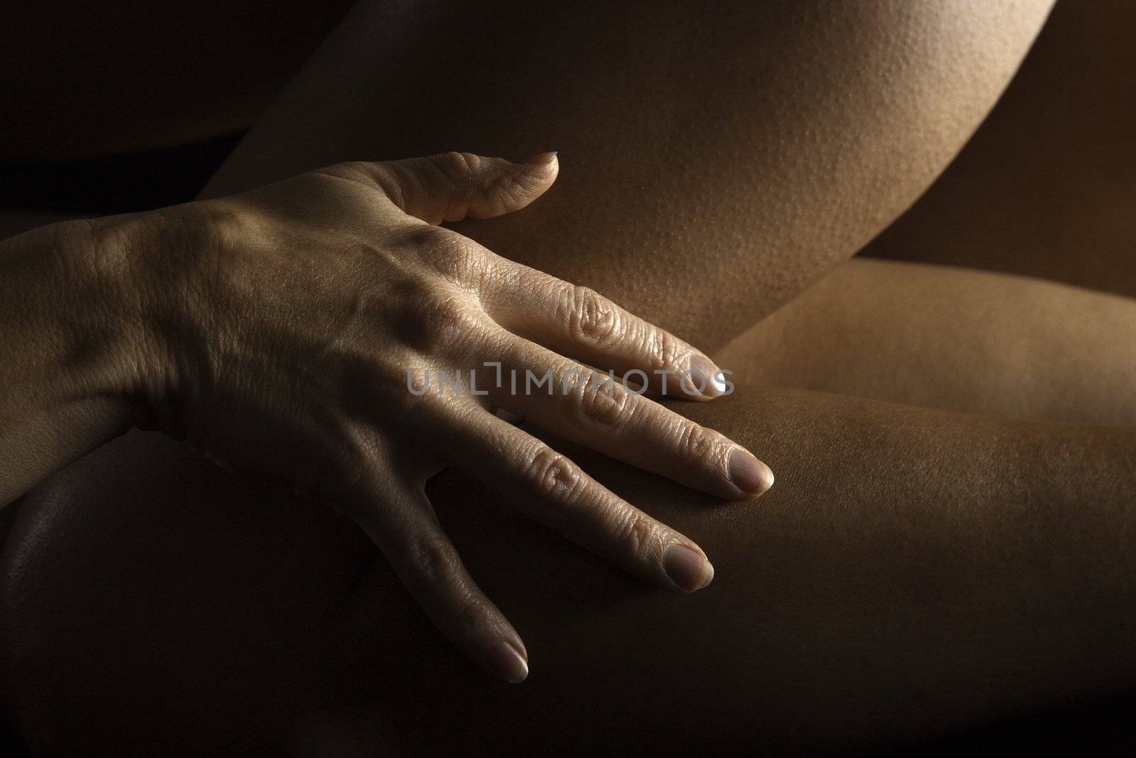 Close up of Caucasian female hand on nude Hispanic female thigh.
