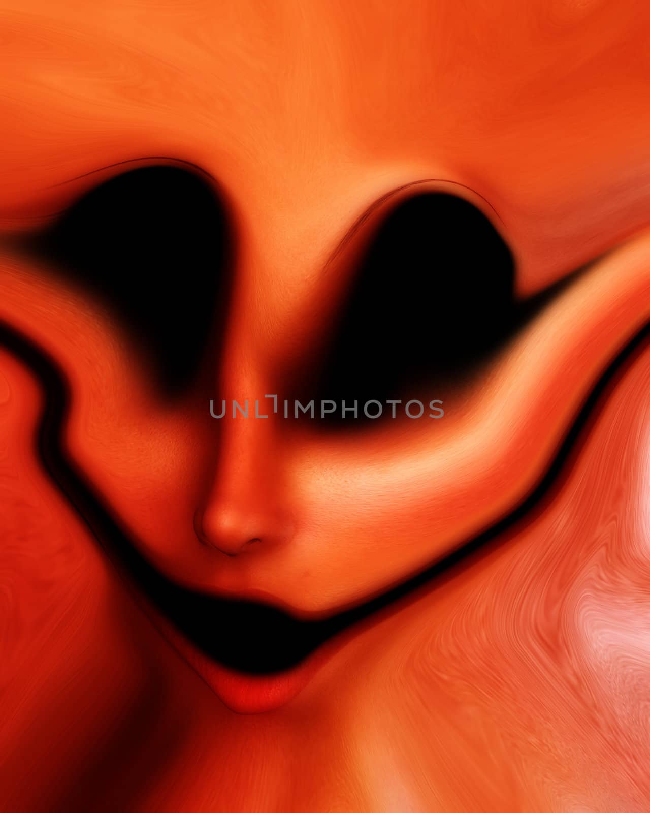 A highly distorted human face that would be suitable for Halloween concepts.