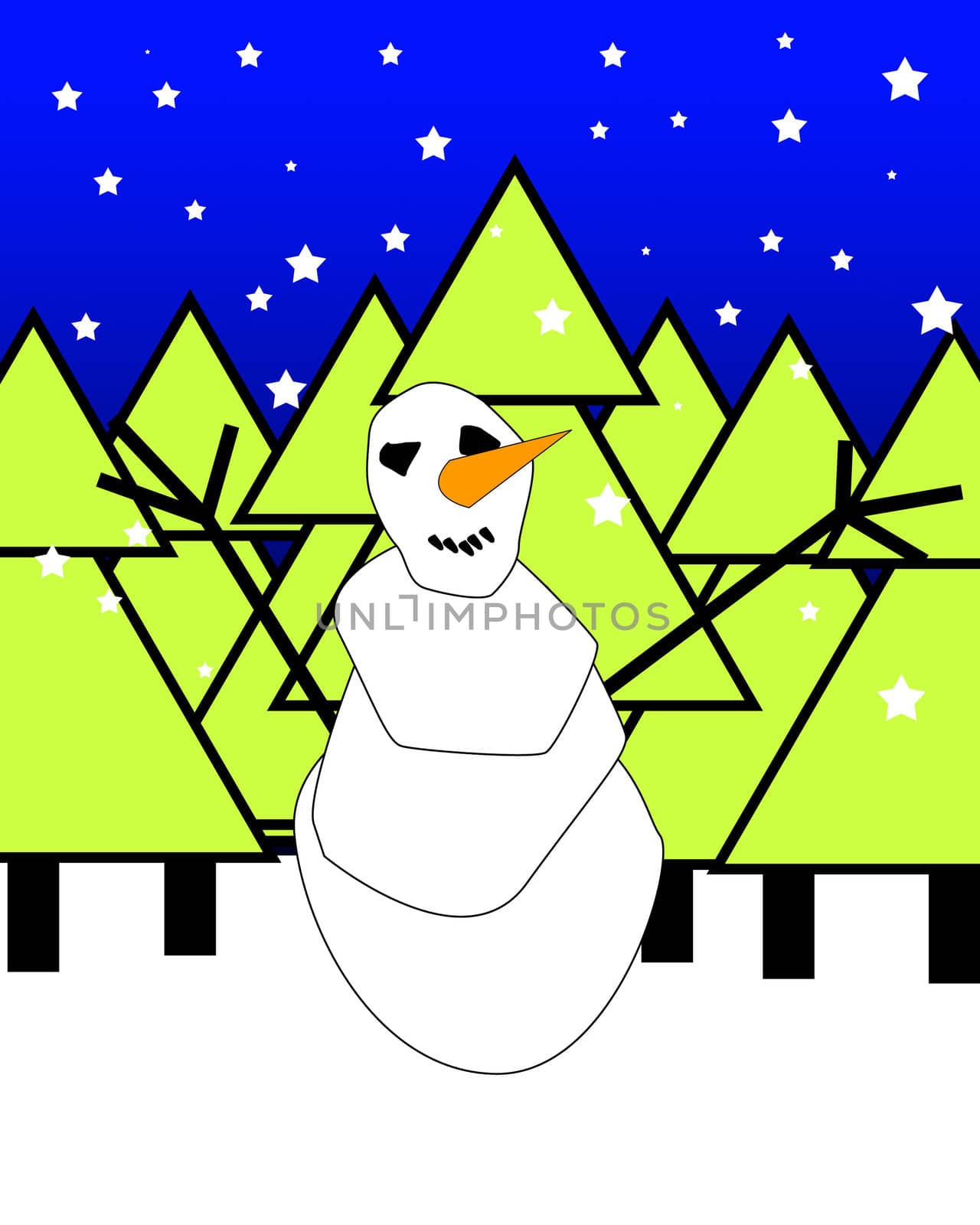 A smiling Christmas snowman in a snow landscape at night.
