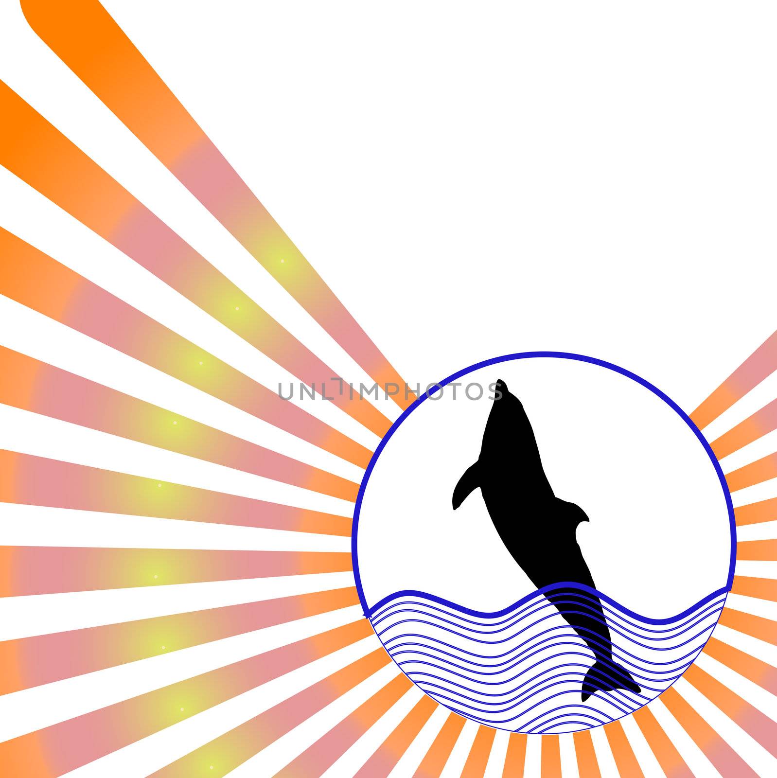 silhouette jumping dolphin against colorful radial rays background 