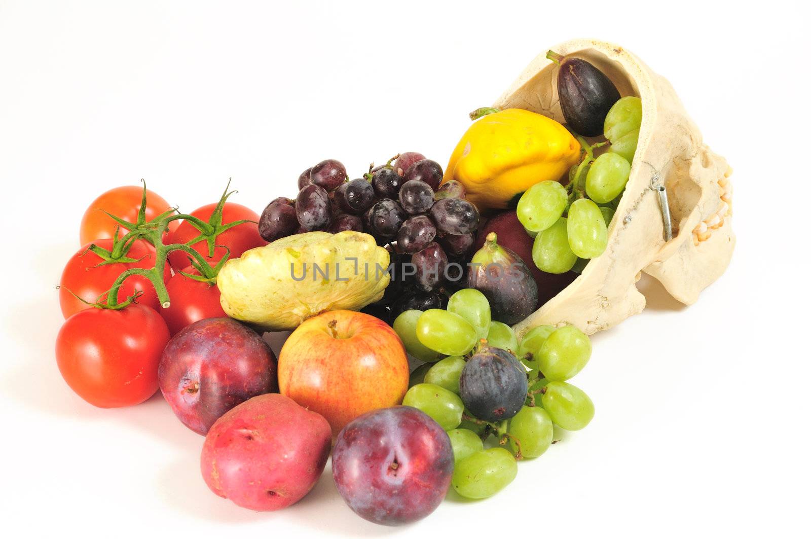 A human skull overflowing with fruits and vegetables, from behind.