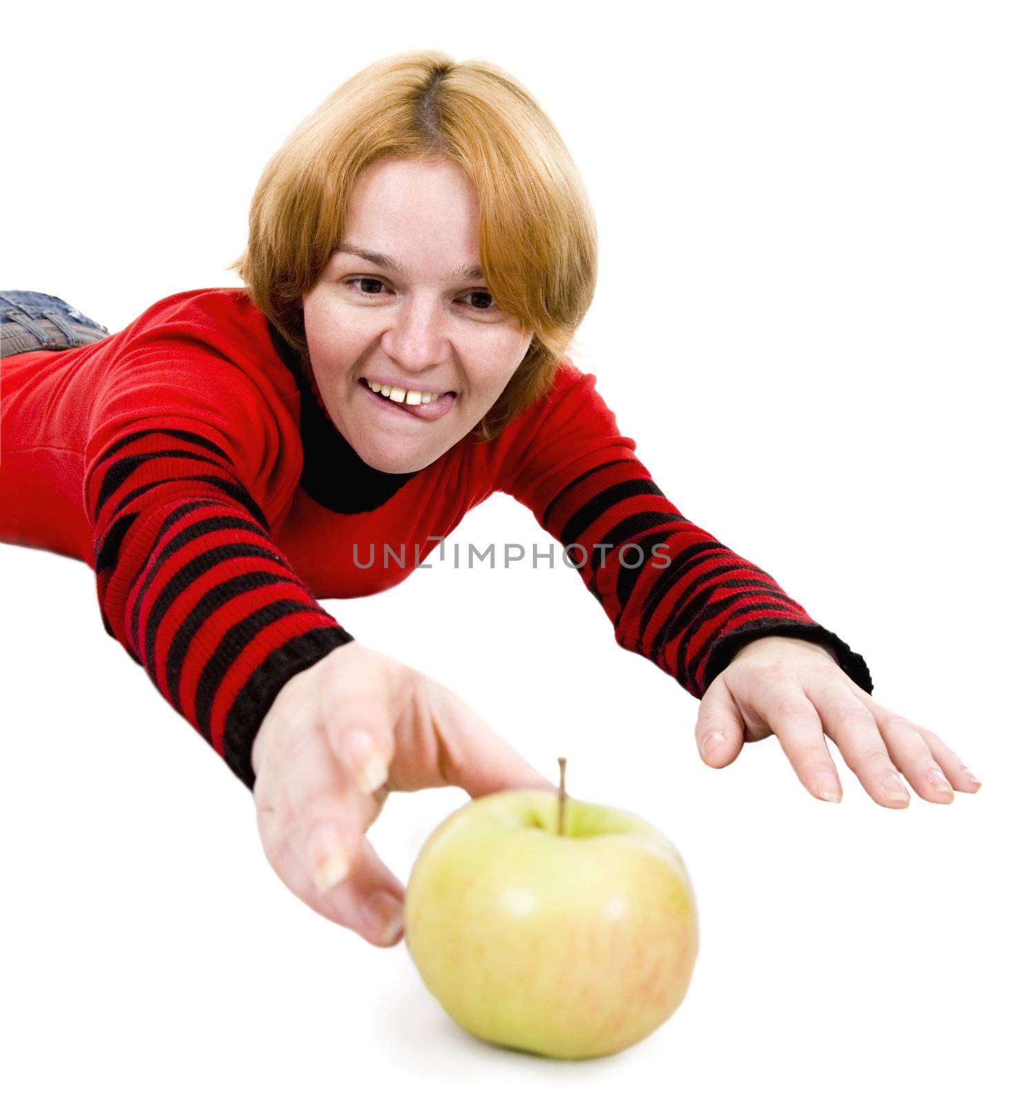 The woman giving a hand to a green apple
