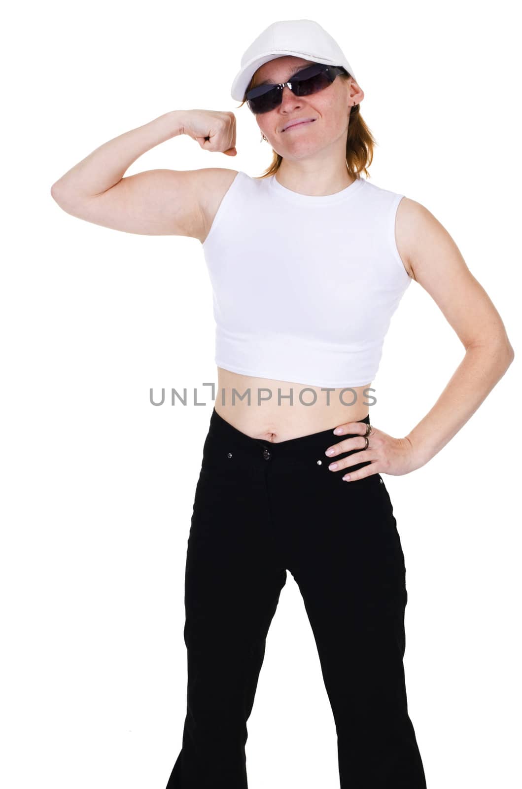 The strong girl in jeans on a white background