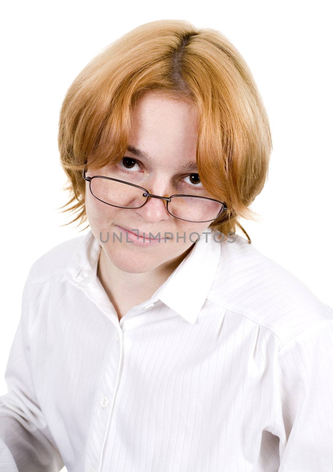 The girl in spectacles on white background