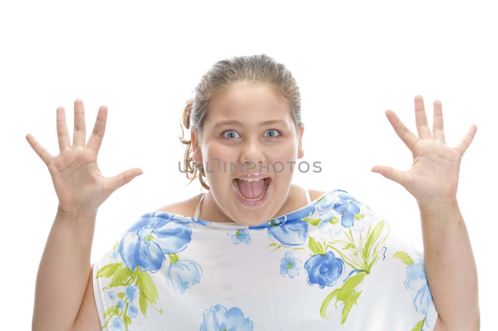 surprised young girl against white background