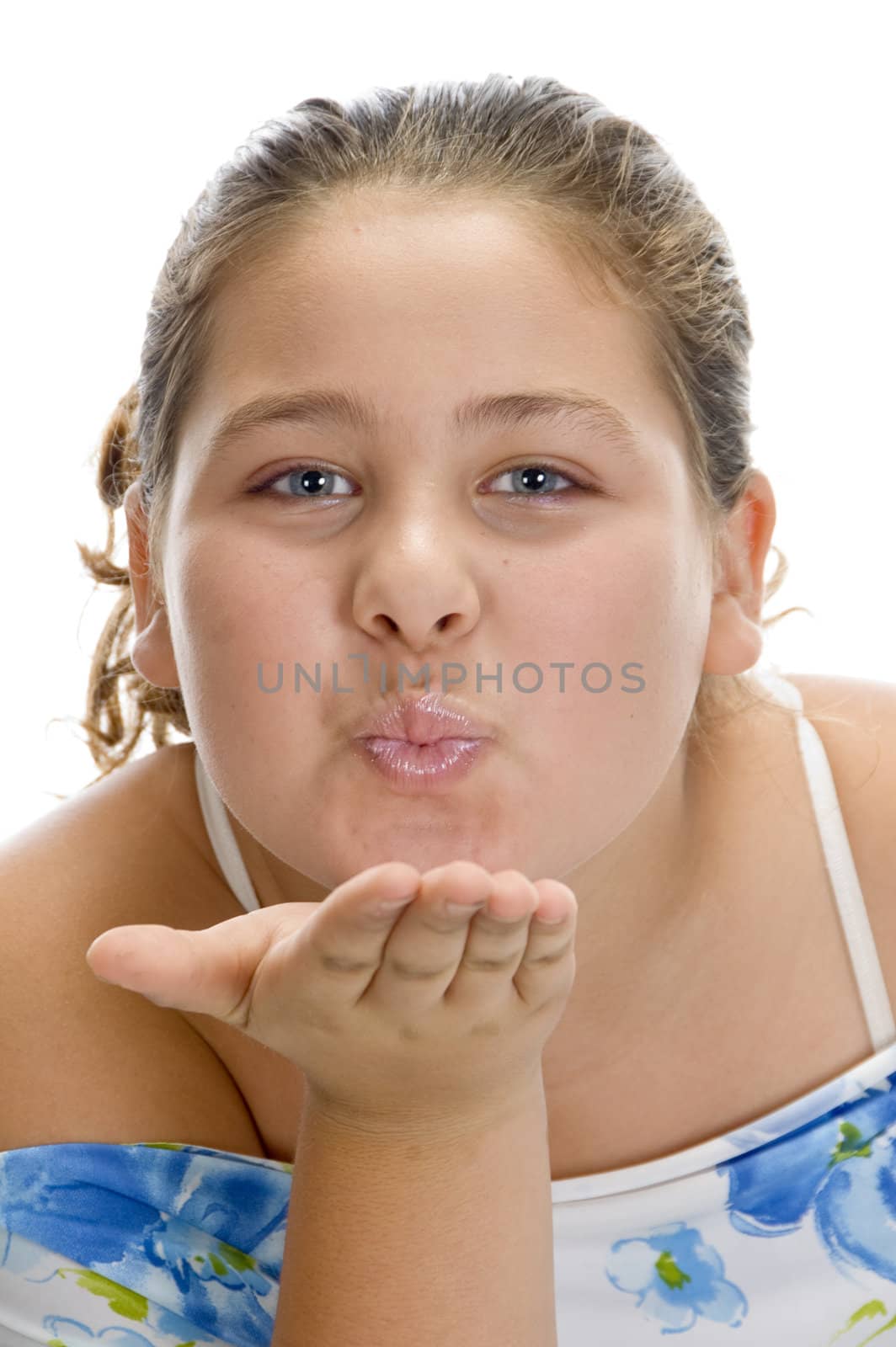 girl giving flying kiss on an isolated white background