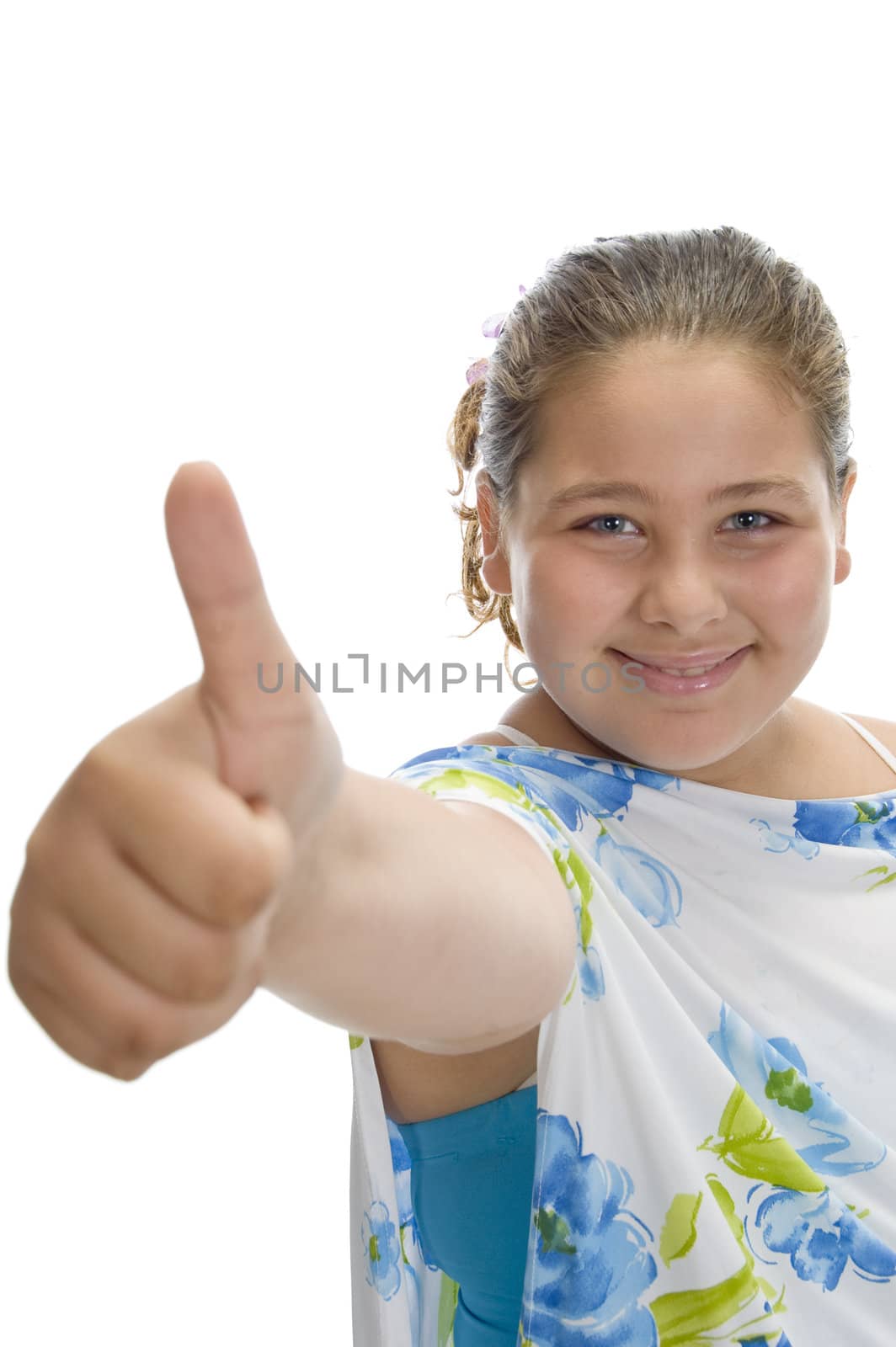 smiling girl wishing good luck with white background