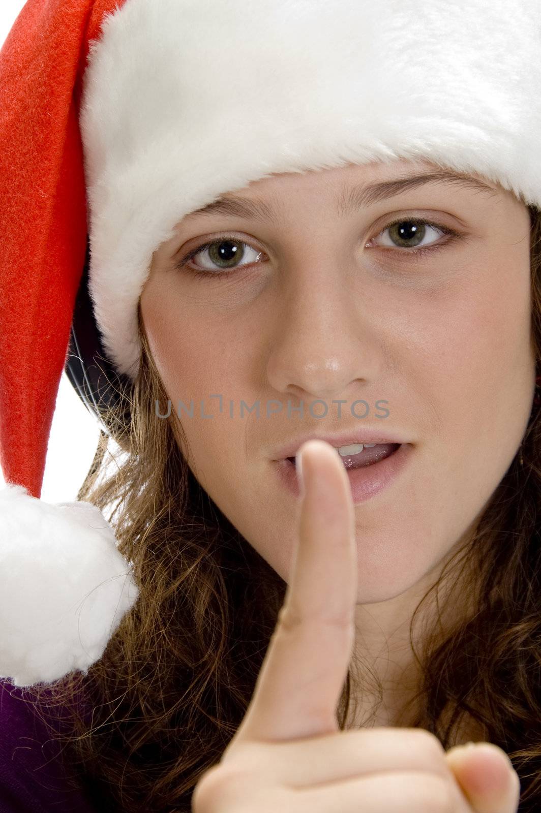 lady instructing to keep silent against white background
