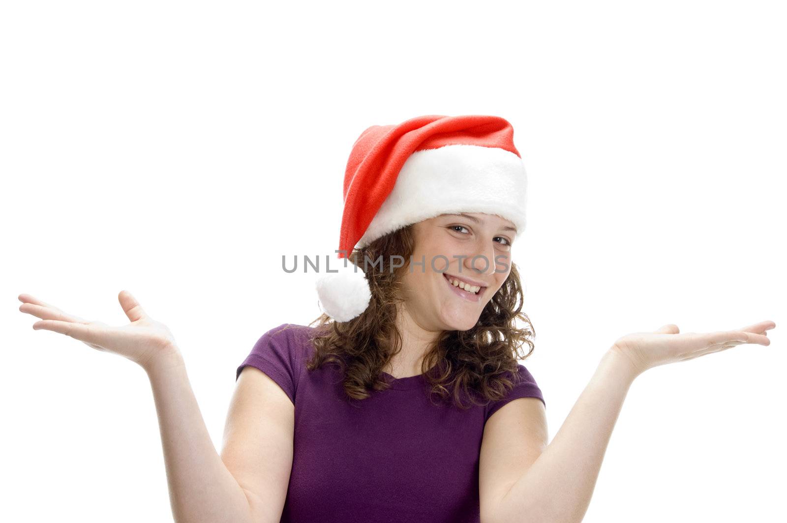 woman with open palms on an isolated white background