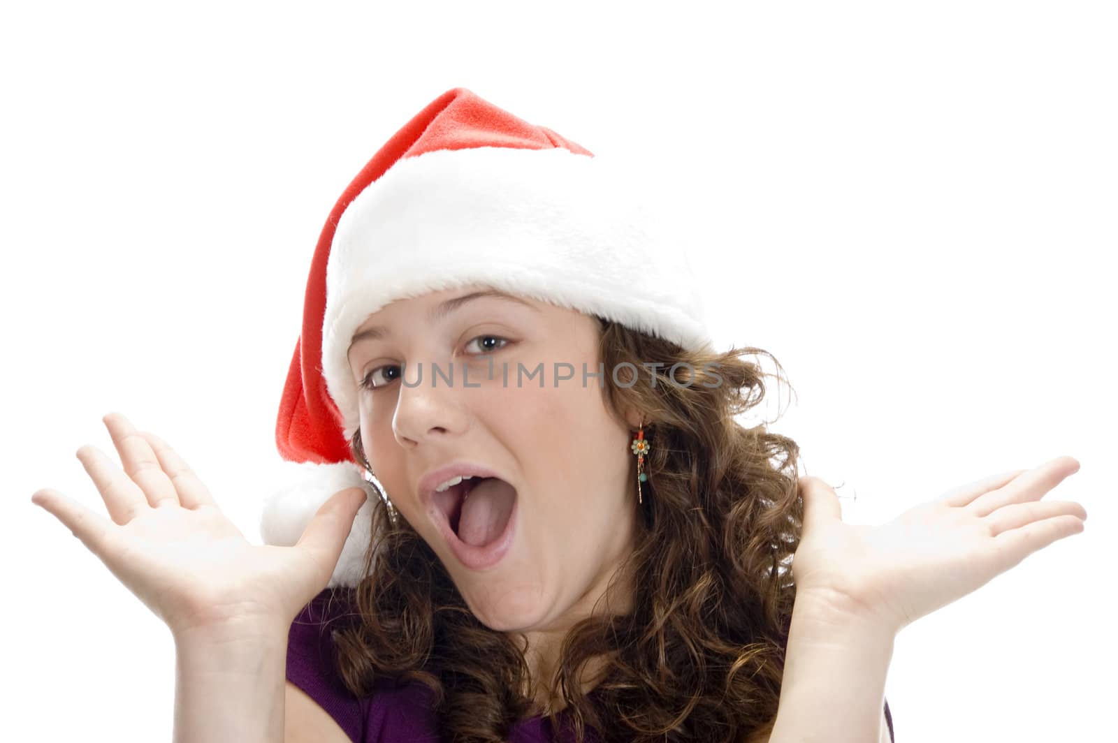 female with santa cap against white background