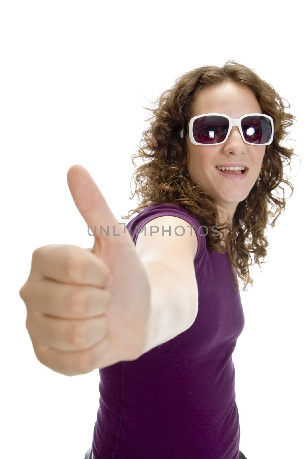 beautiful lady showing thumb on an isolated white background