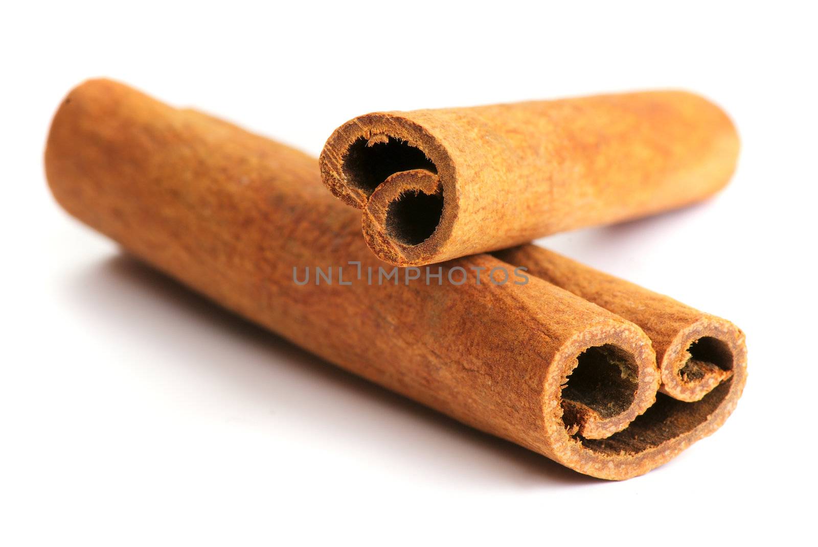 Two cinnamon sticks isolated on white background. Close up.