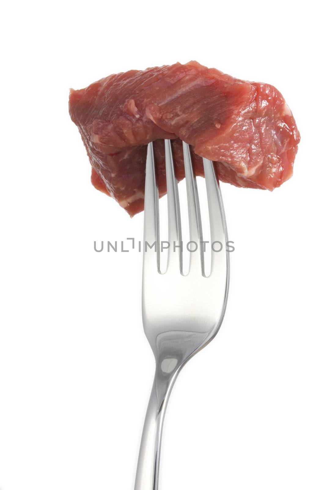 piece of meat on a fork isolated on white background by bernjuer