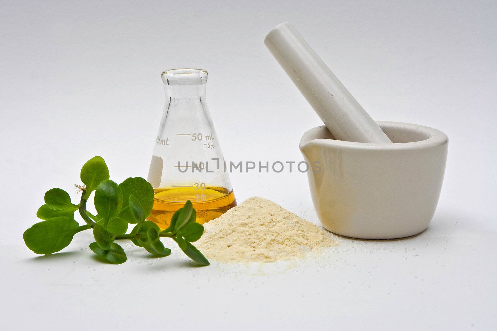 A yellow liquid in a flask with a powder and some leaves in front and a white mortar on a white background