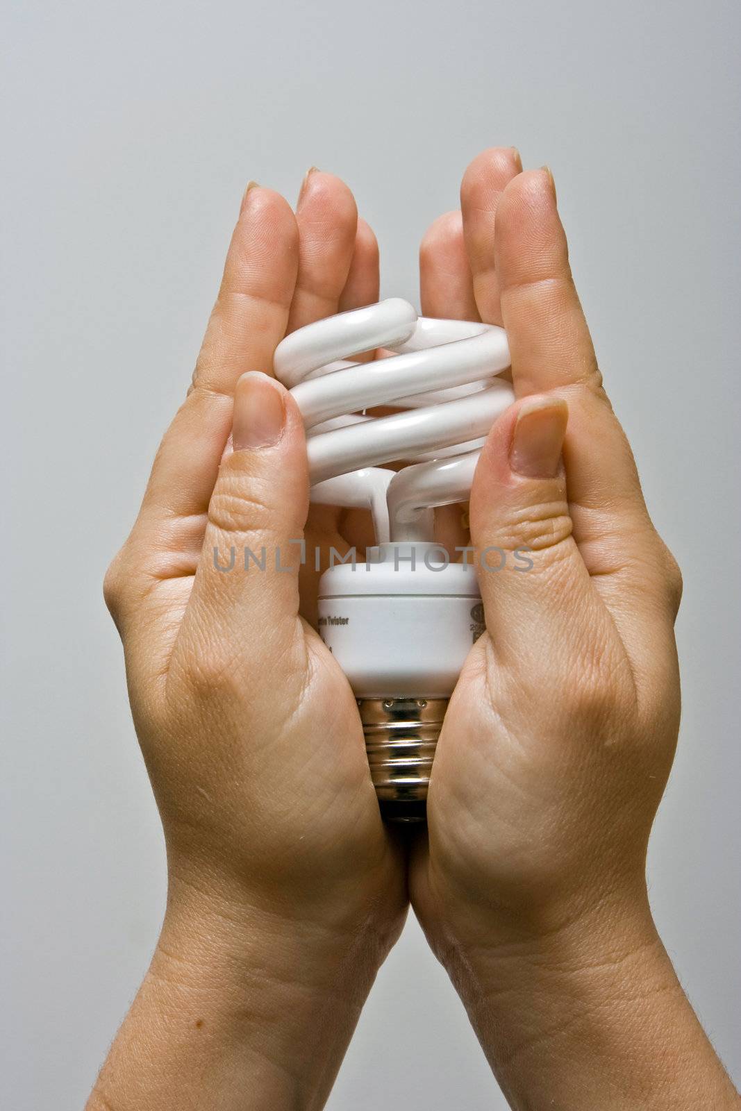 Two female hands presenting an environmental friendly and power saving fluorescent light bulb.