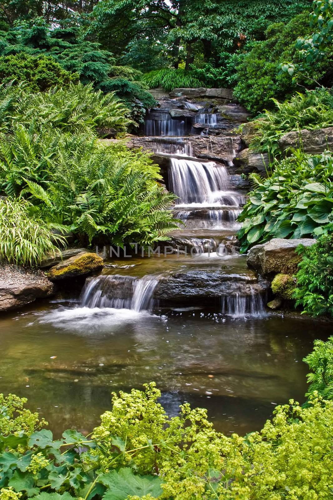 Beautiful multi-layered waterfall between vegetation.