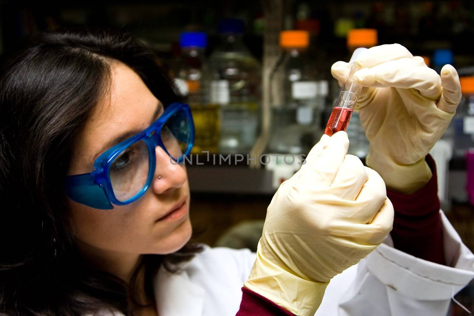 Scientist is checking the color change of a reaction in a test tube