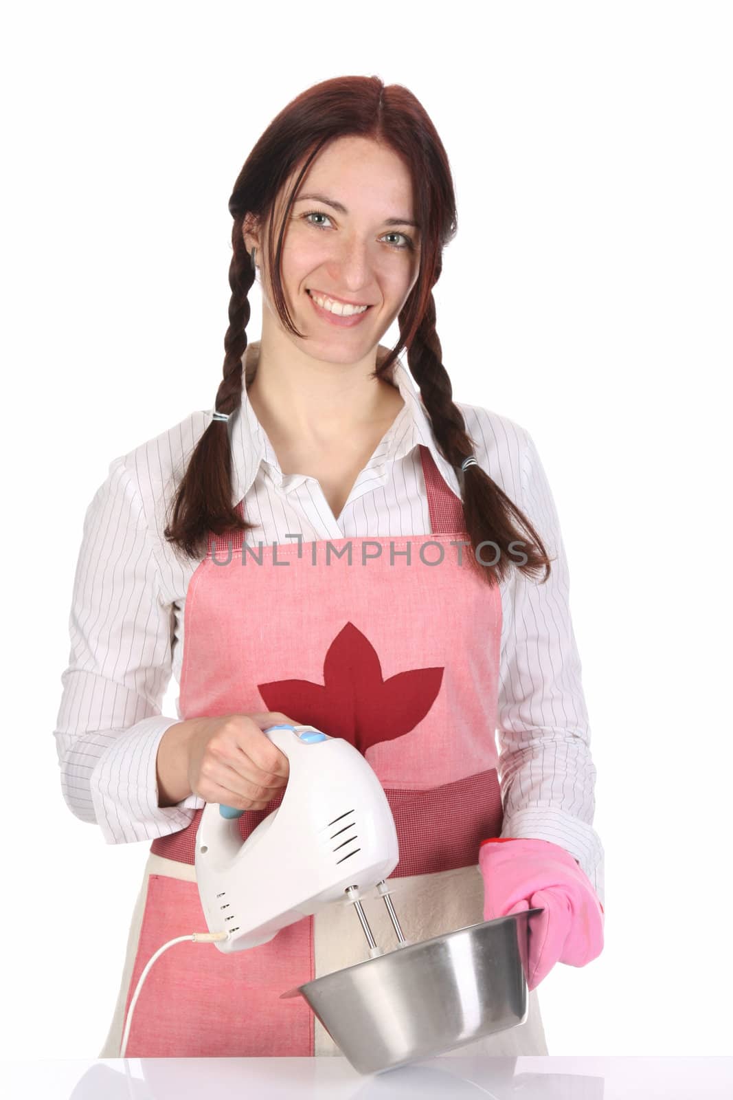 beautiful housewife preparing with kitchen mixer on white  background