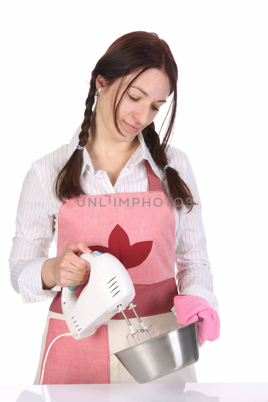 beautiful housewife preparing with kitchen mixer on white  background