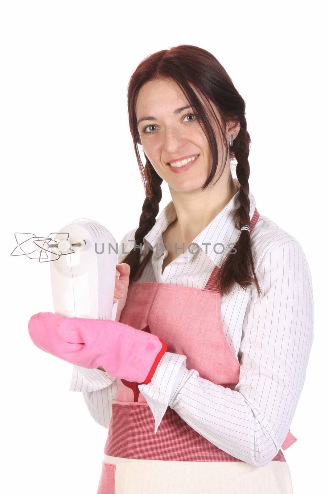 beautiful housewife with electric beater on white background