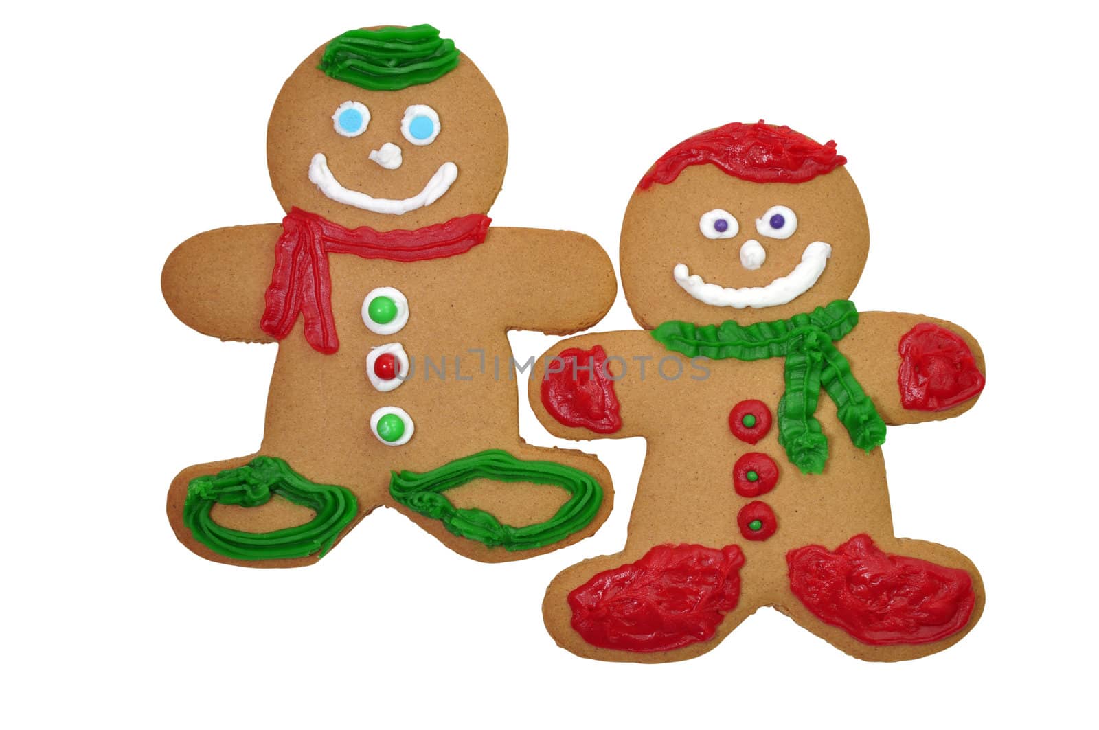 Two decorated gingerbread cookies isolated on white background with clipping path.