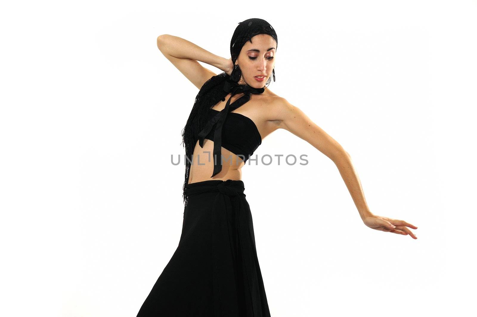 Portrait of young passionate hispanic flamenco dancer woman isolated on white