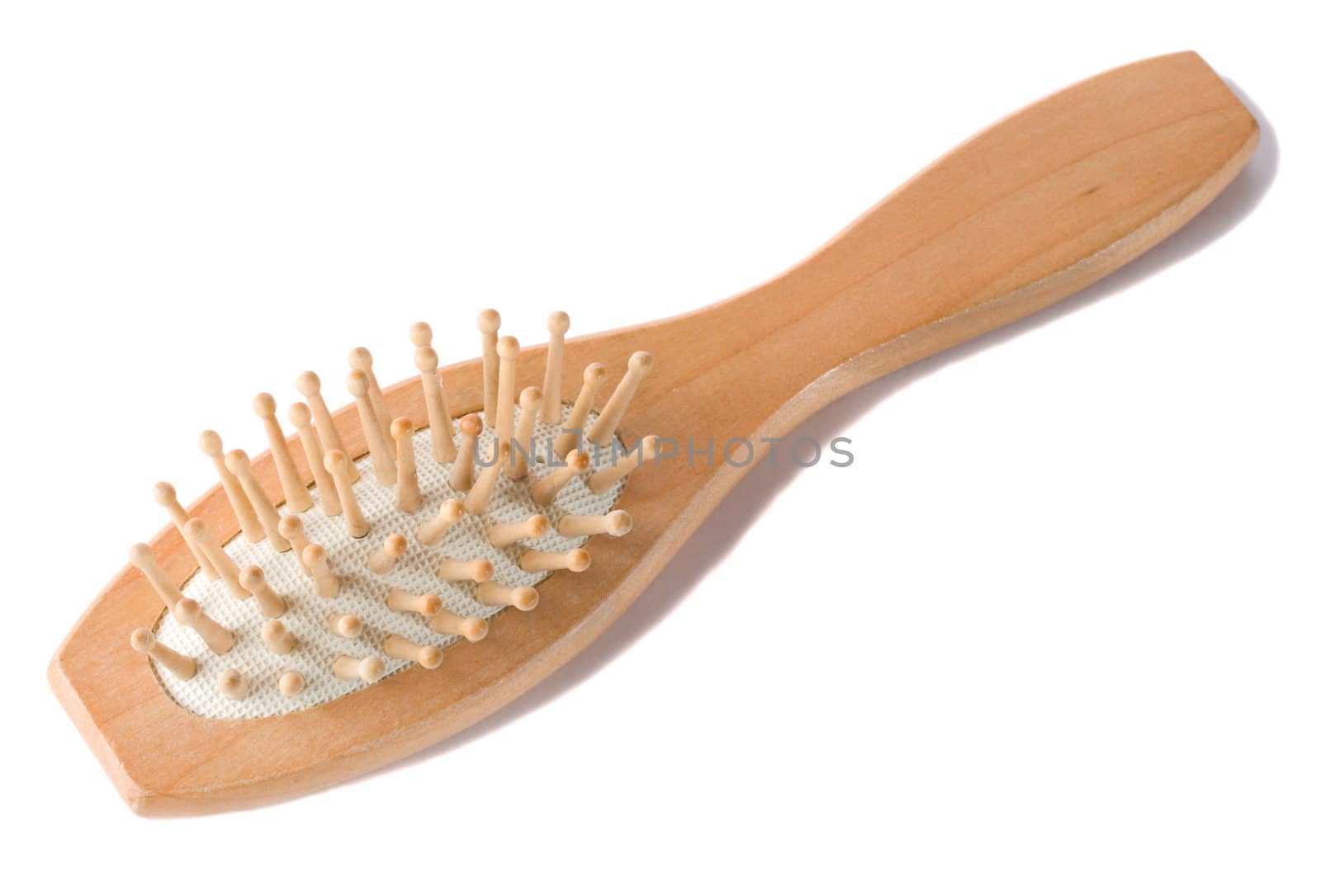 close-up wooden hair brush, view from above, isolated on white