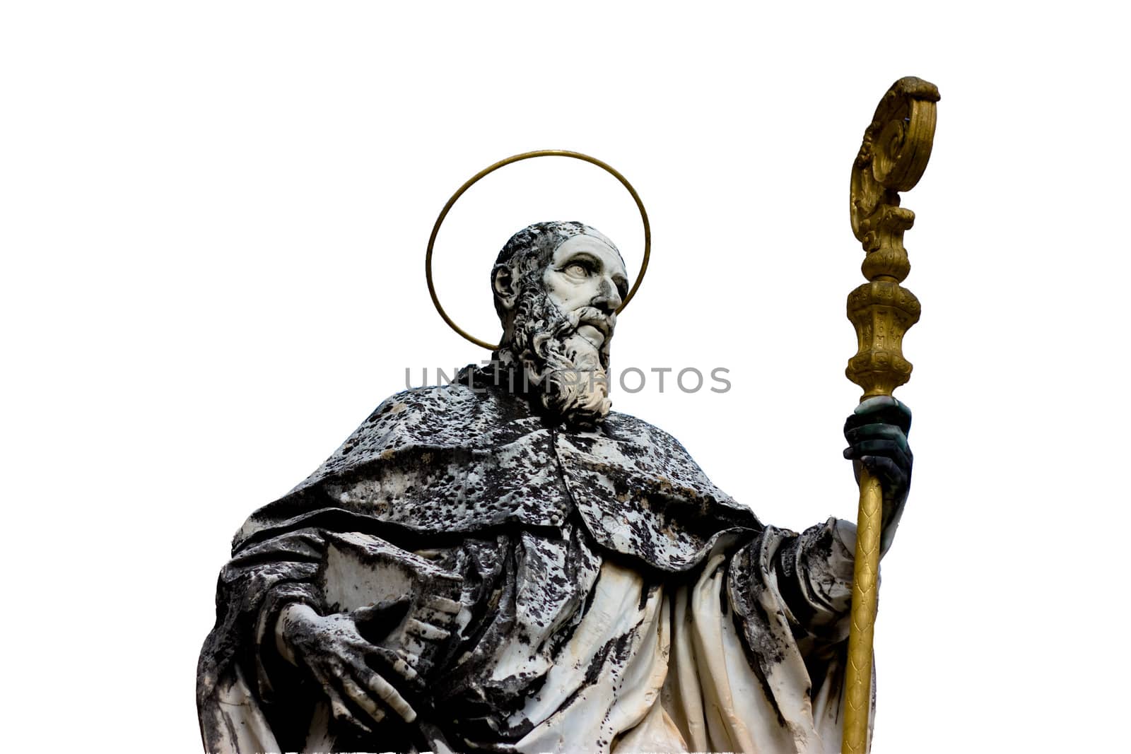 Isolated statue of St. Benedict on white background. Italy, Montecassino.