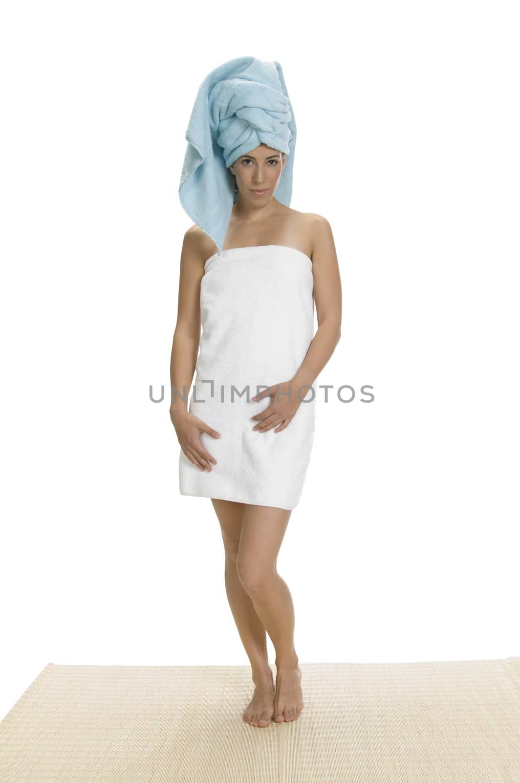 standing gorgeous woman in towel