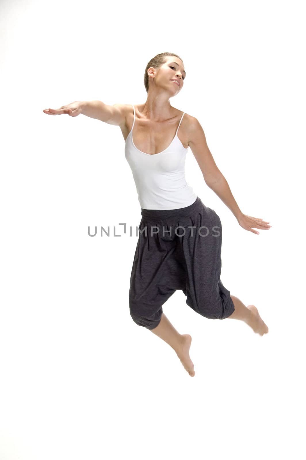 white woman jumps up on an isolated background