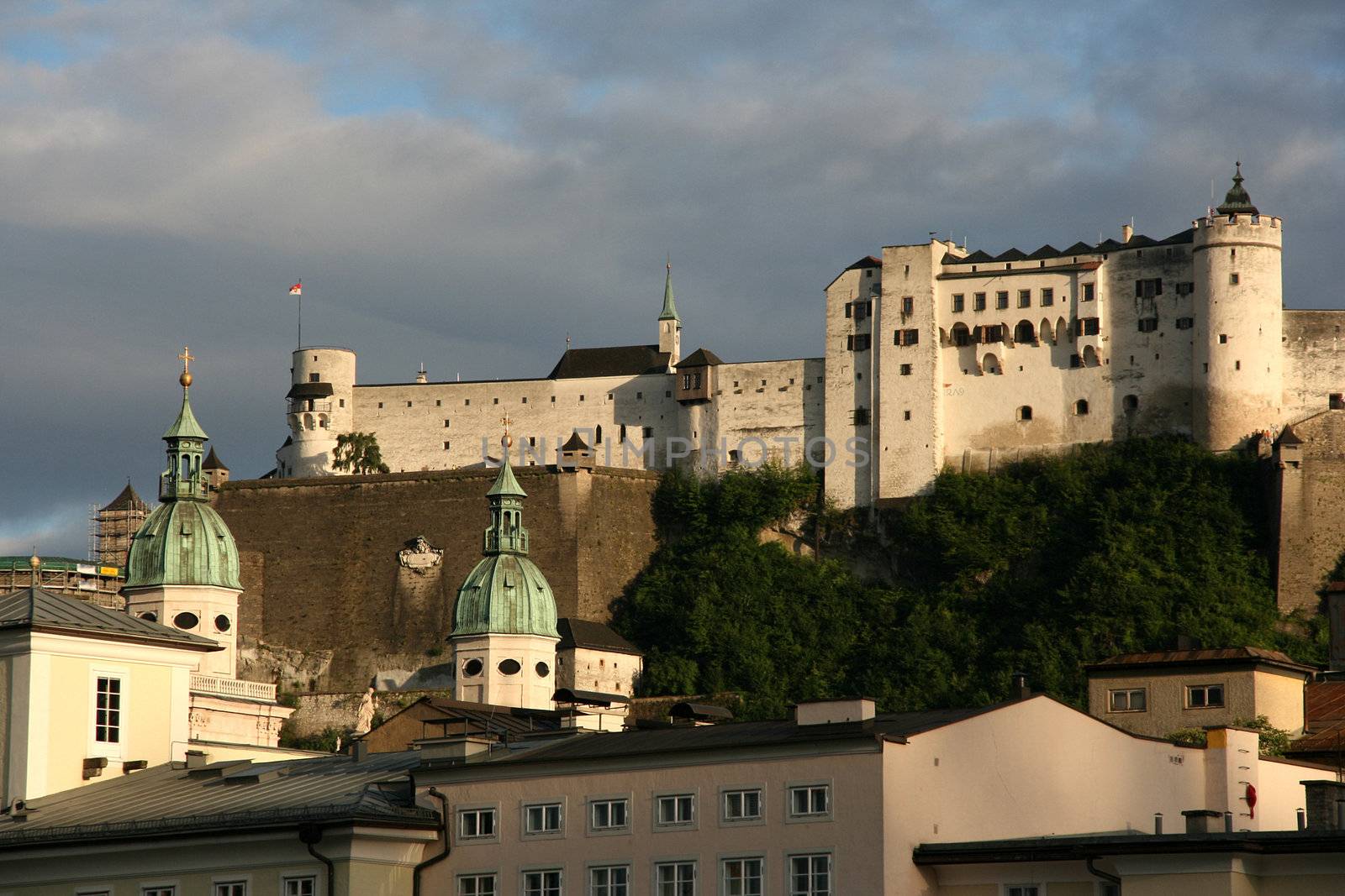 Salzburg castle (Stiftung) in the light of setting sun. Austria landmark.