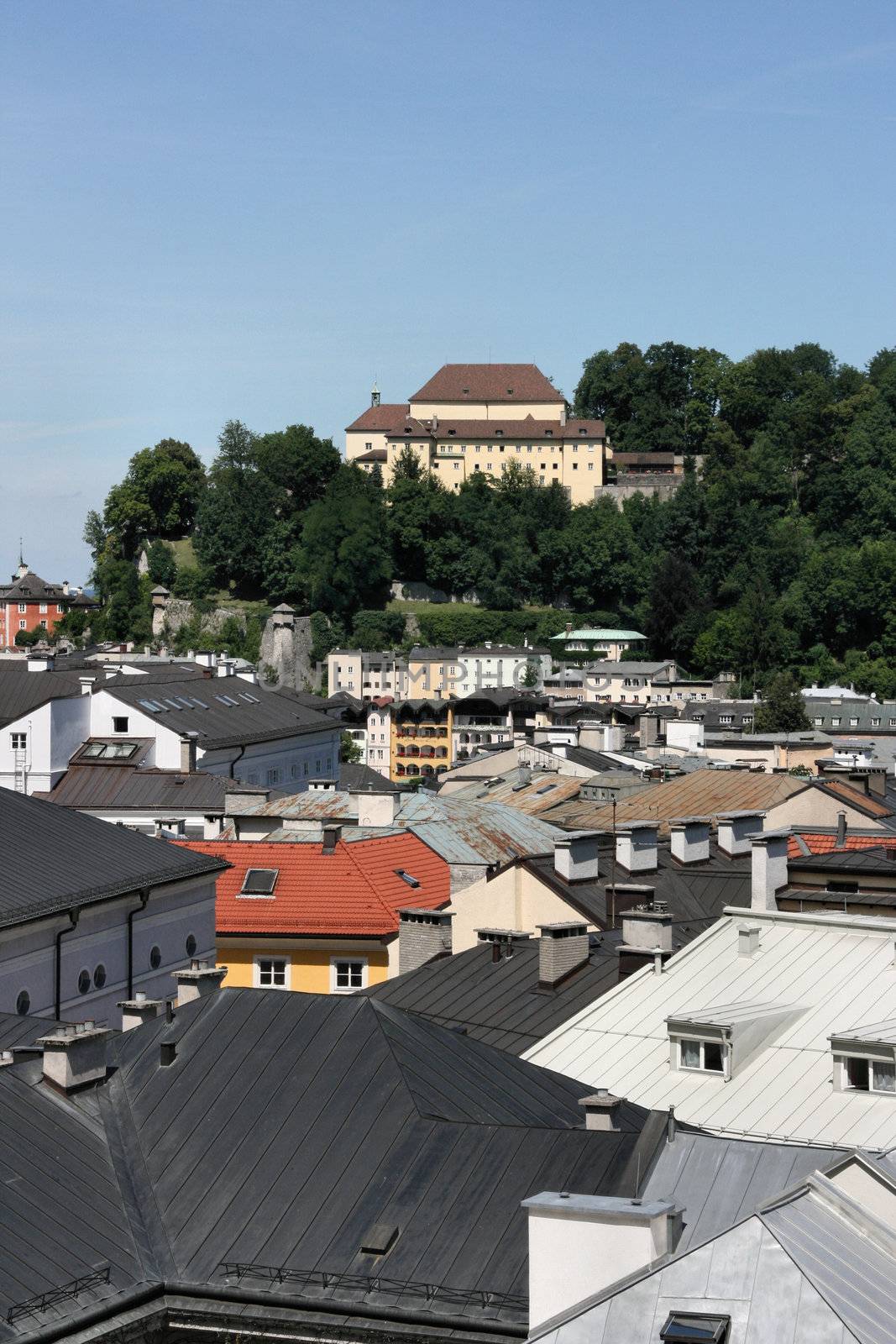 Kapuzinerberg abbey in Salzburg seen form the castle (Stiftung). Austrian city landmarks.