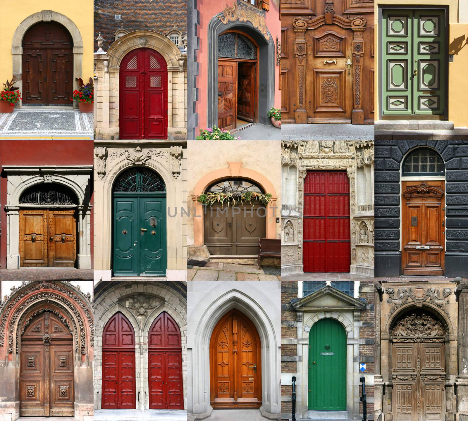 Colorful composition made of door - architecture collage. Doors from Czech Republic, France, Switzerland, Germany and Netherlands.