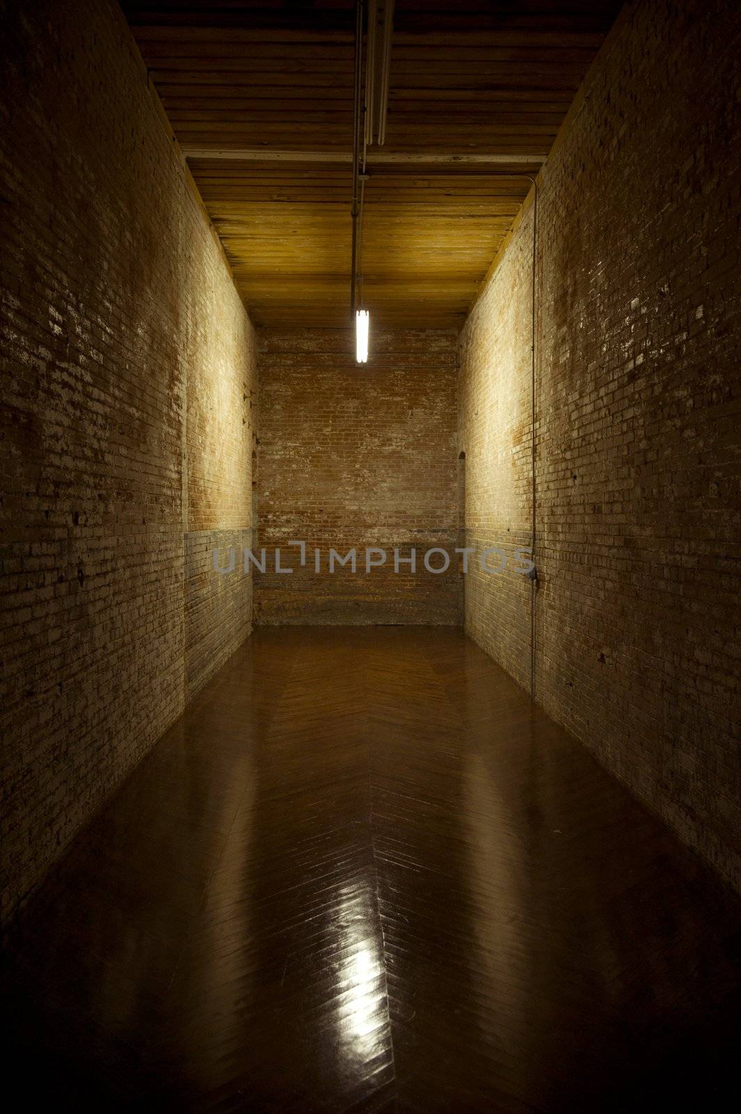 Image of a brick hallway, wood floor and wood roof lit bt a single light leading into a dead end