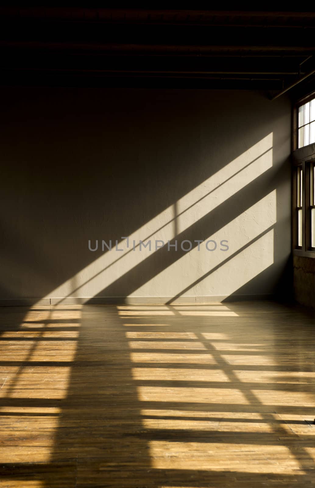 Image of a vacant loft with late evening light streaming thru windows onto hardwood floors.