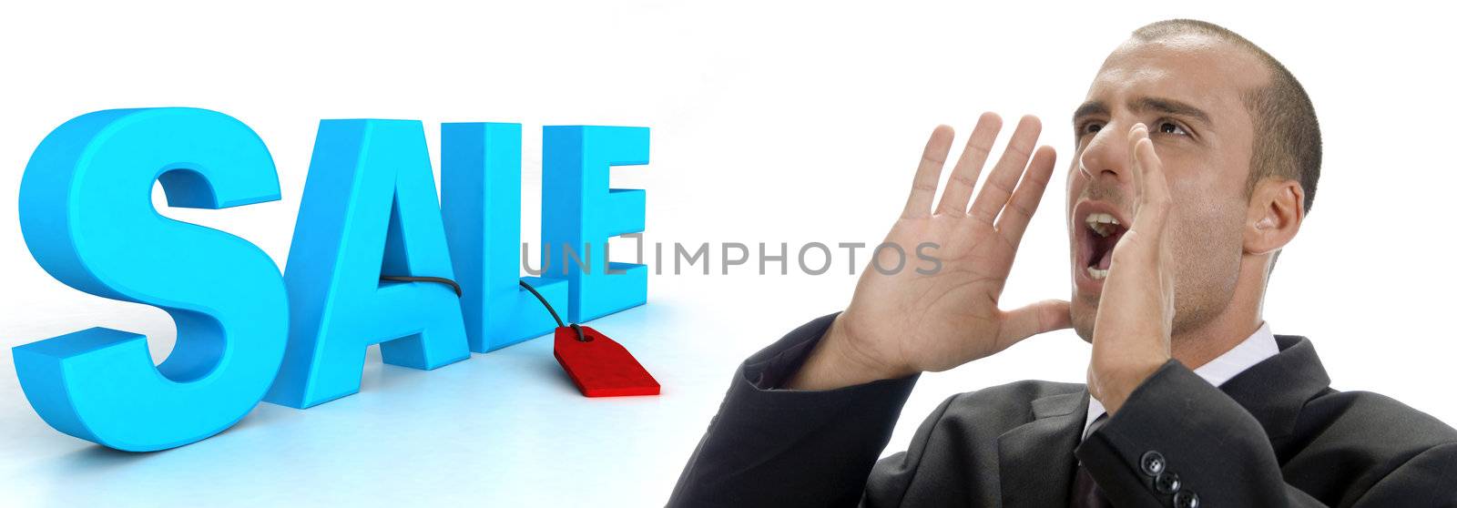 three dimensional sale text with tag and shouting man on an isolated white background