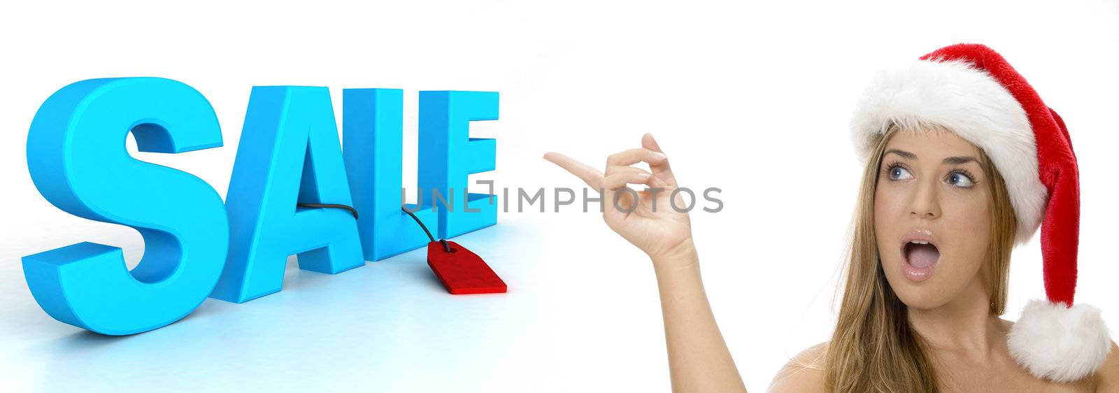 sexy lady pointing to sale 3d text on an isolated white background