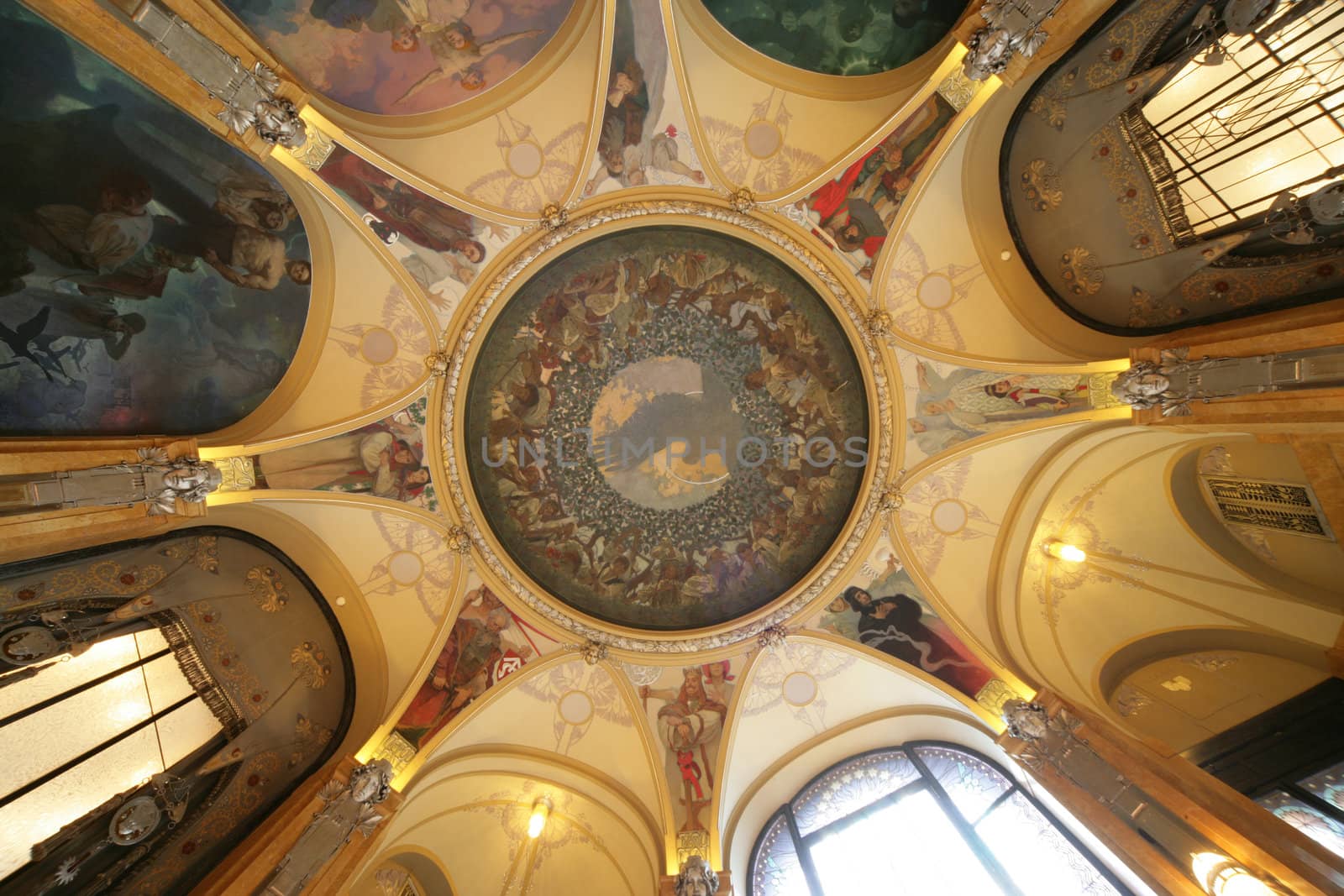 Ceiling shot of the Municipal House in Prague, Czech Republic