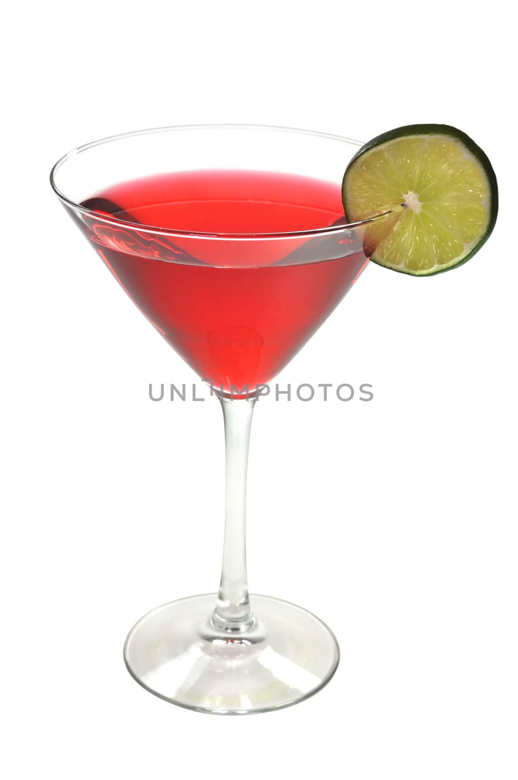 Red Cosmopolitan with lime slice isolated on white background with clipping path.