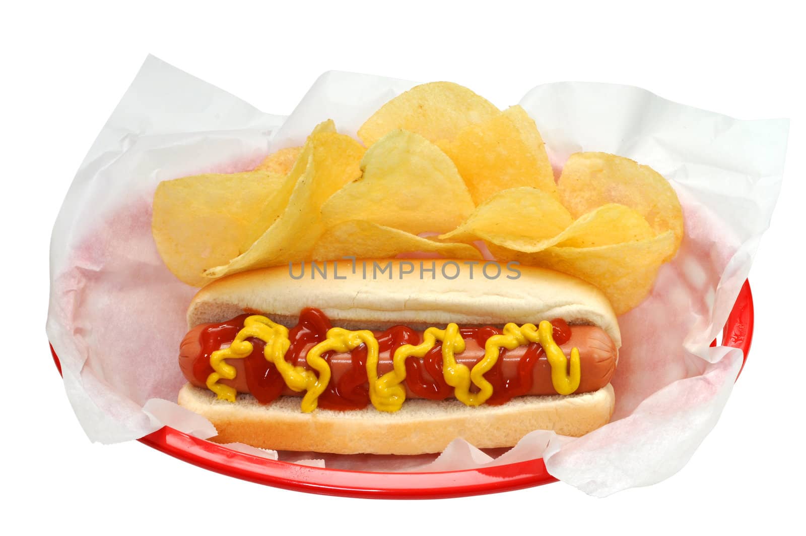 Hot dog and potato chips in basket.  Isolated on white background with clipping path.